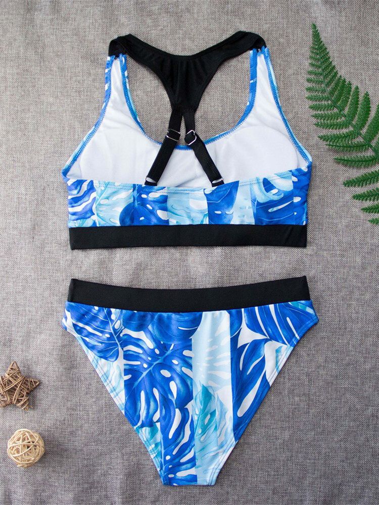 Tropical Leaf Print Criss Cross Back Bretelles Larges Taille Haute Summer Beach Bikinis Maillots De Bain