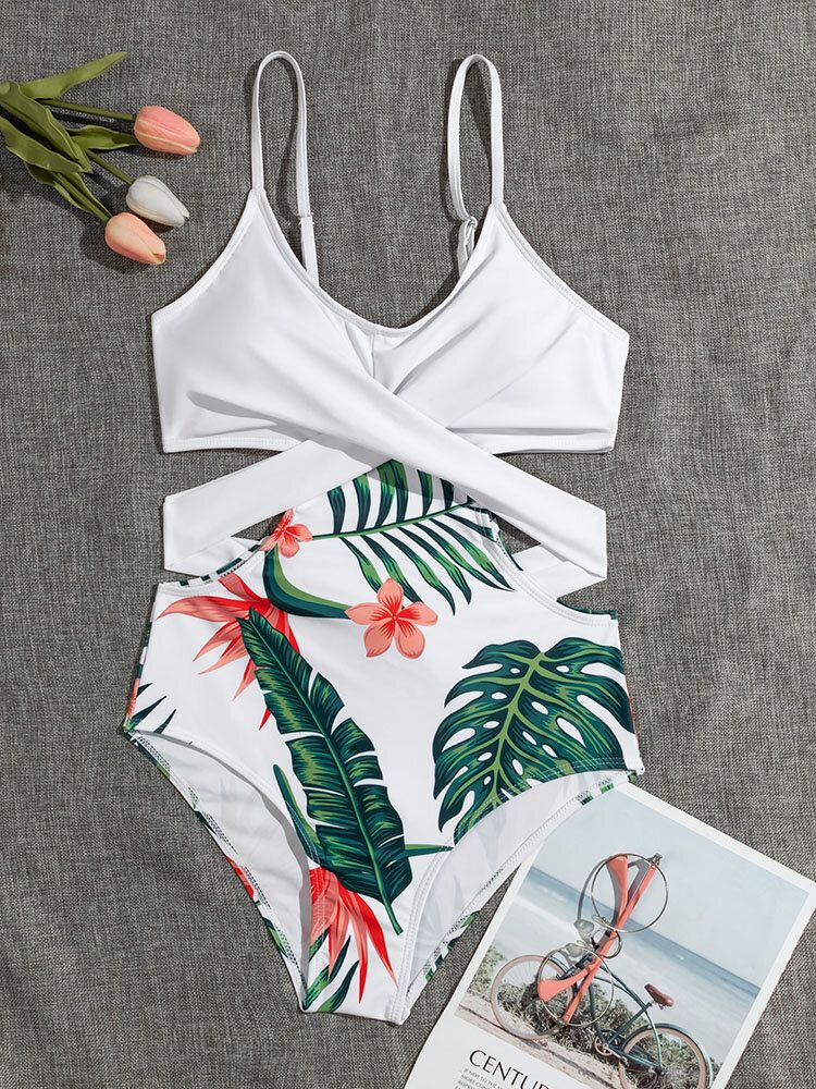 Tropical Plant Print Crisscross Cut Out Strappy One Piece Hawaii Style Femmes Maillots De Bain