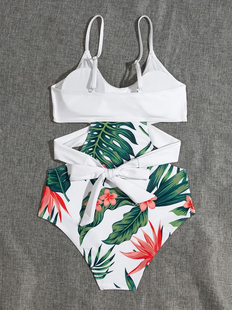 Tropical Plant Print Crisscross Cut Out Strappy One Piece Hawaii Style Femmes Maillots De Bain