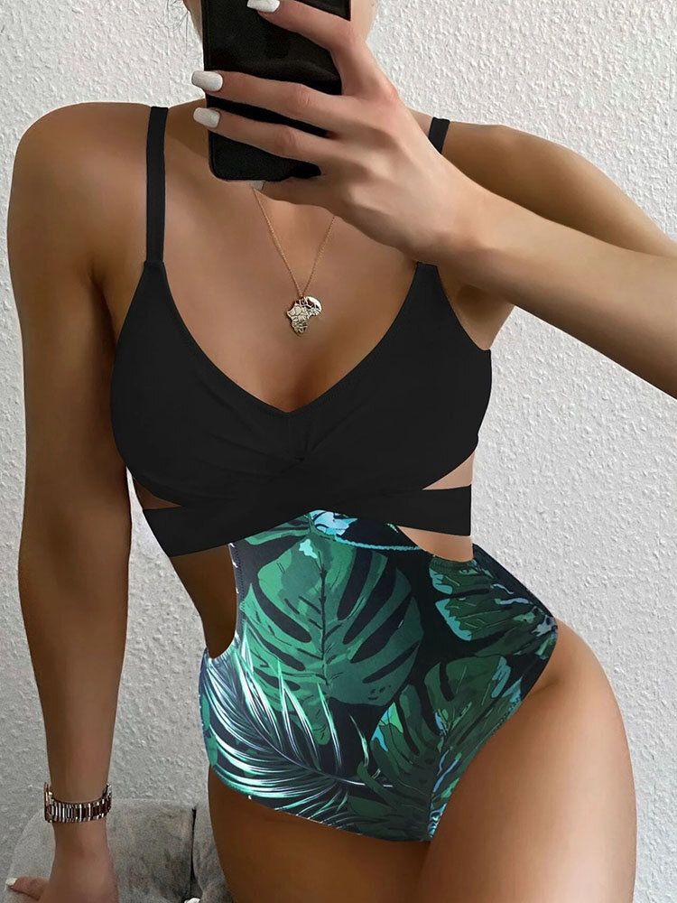 Tropical Plant Print Cross Cut Out Tie Back Hawaii Style Maillot De Bain Une Pièce Pour Femme