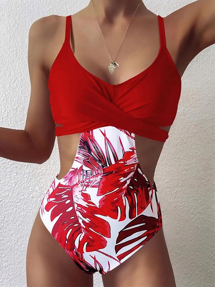 Tropical Plant Print Cross Cut Out Tie Back Hawaii Style Maillot De Bain Une Pièce Pour Femme