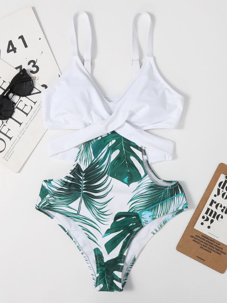 Tropical Plant Print Cross Cut Out Tie Back Hawaii Style Maillot De Bain Une Pièce Pour Femme