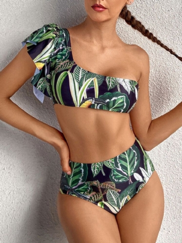 Tropical Plant Print One Shoulder Bandage Backless High Waist Green Bikinis Maillots De Bain