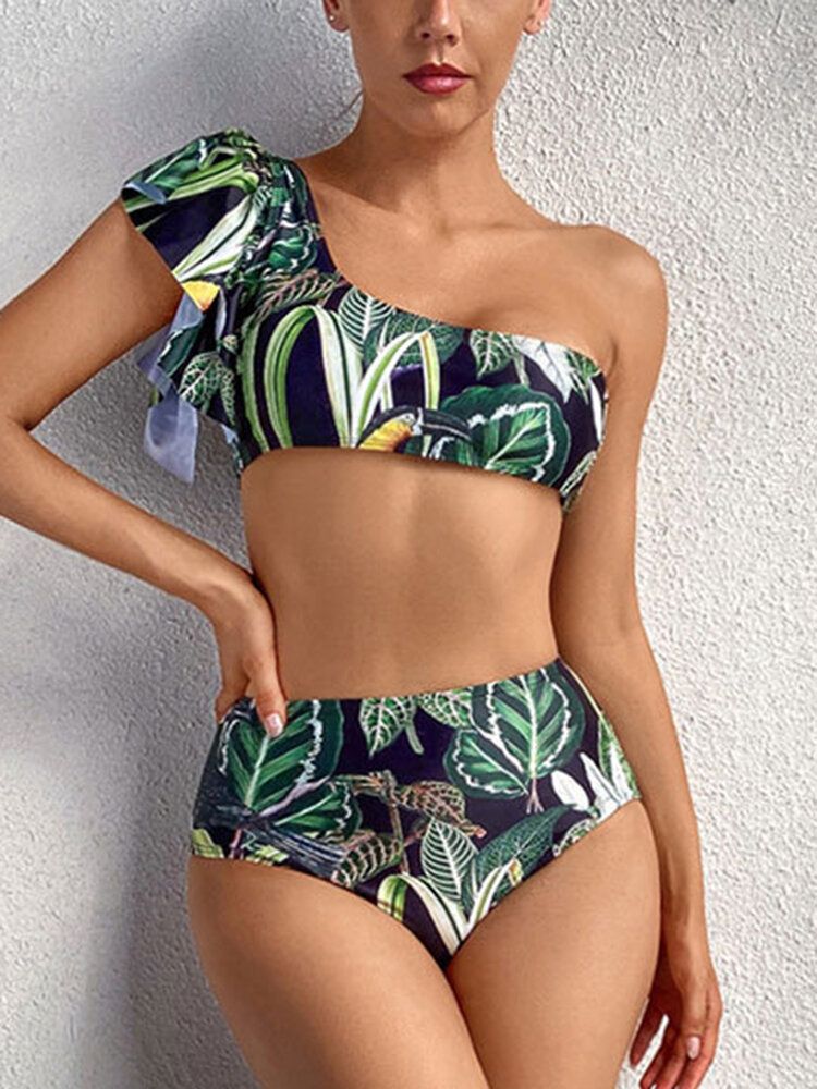 Tropical Plant Print One Shoulder Bandage Backless High Waist Green Bikinis Maillots De Bain