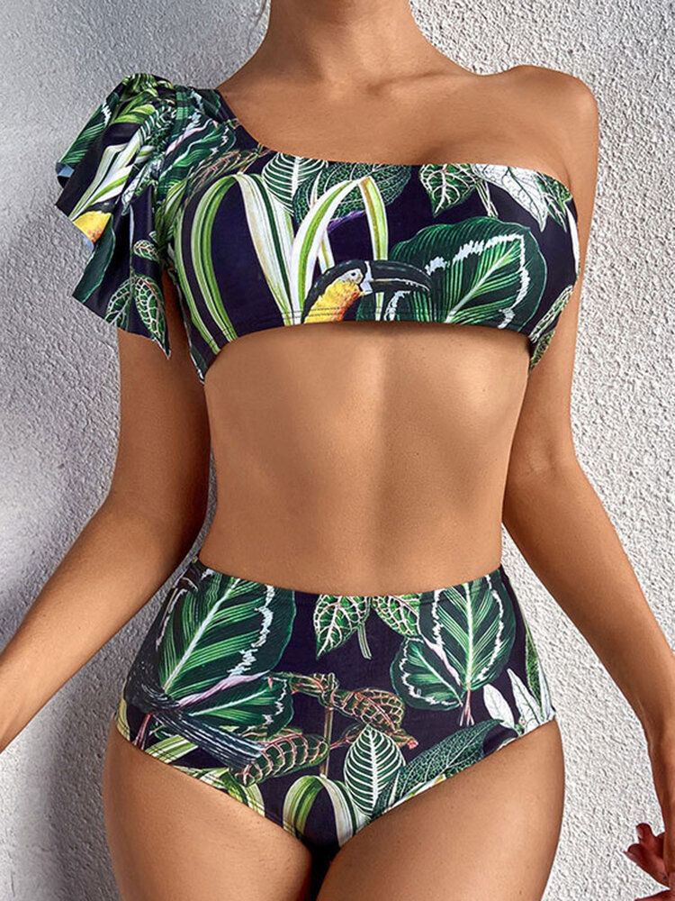 Tropical Plant Print One Shoulder Bandage Backless High Waist Green Bikinis Maillots De Bain