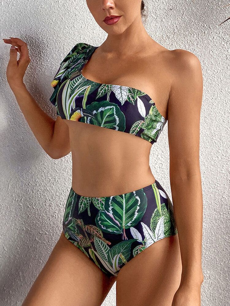 Tropical Plant Print One Shoulder Bandage Backless High Waist Green Bikinis Maillots De Bain