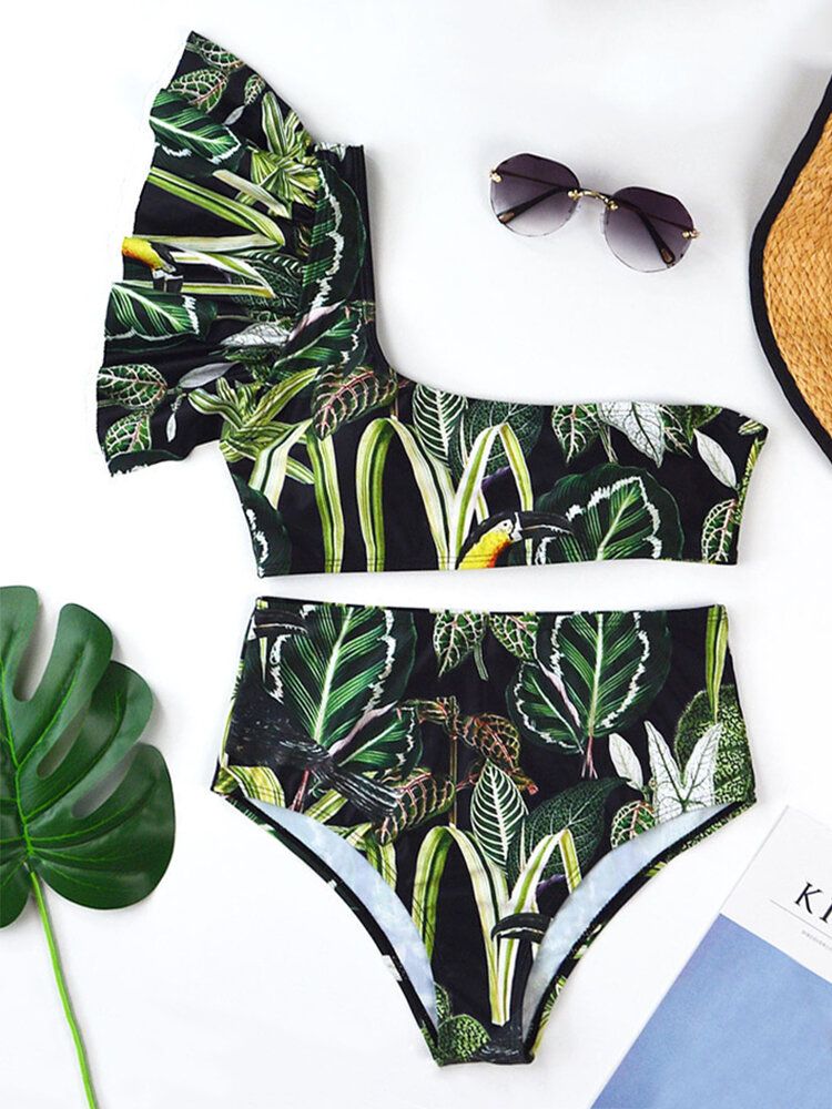 Tropical Plant Print One Shoulder Bandage Backless High Waist Green Bikinis Maillots De Bain