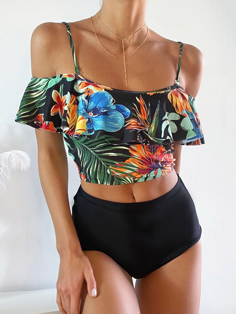 Tropical Plant Print Ruffle Spaghetti Straps Bikinis Taille Haute Femme Maillot De Bain