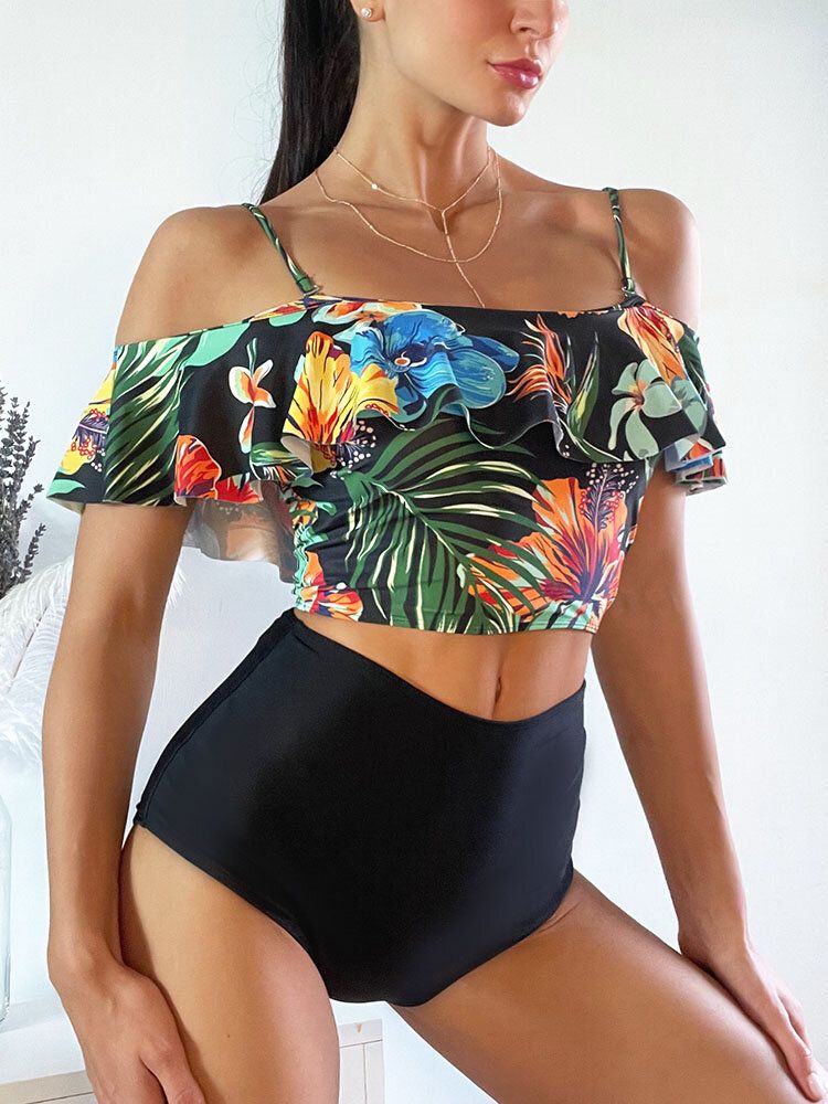 Tropical Plant Print Ruffle Spaghetti Straps Bikinis Taille Haute Femme Maillot De Bain