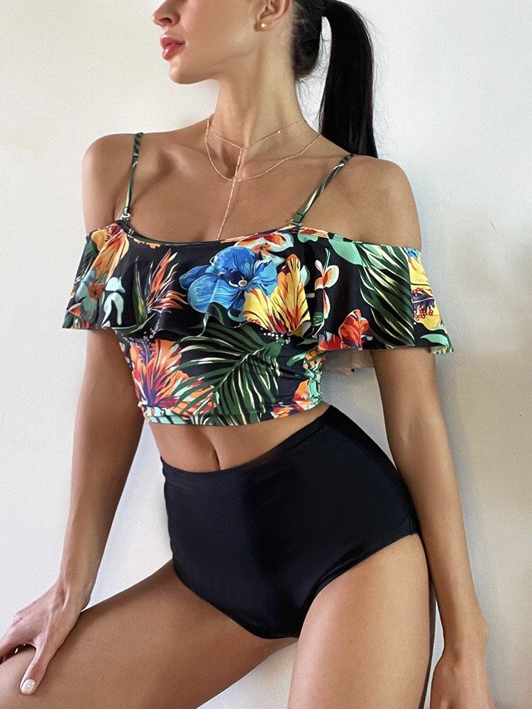 Tropical Plant Print Ruffle Spaghetti Straps Bikinis Taille Haute Femme Maillot De Bain