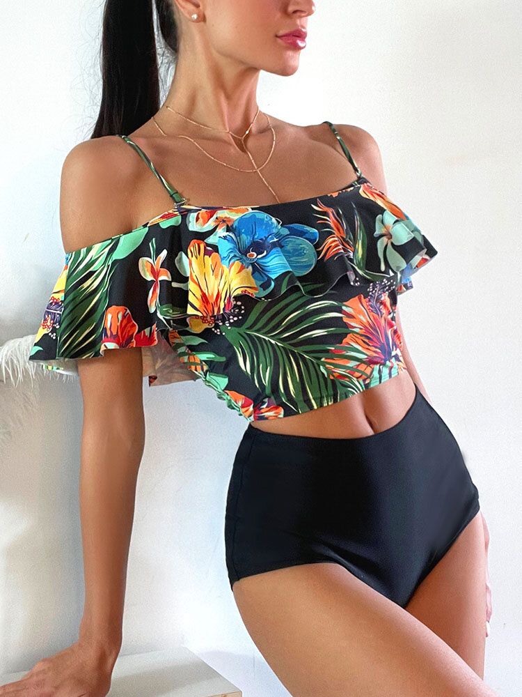 Tropical Plant Print Ruffle Spaghetti Straps Bikinis Taille Haute Femme Maillot De Bain