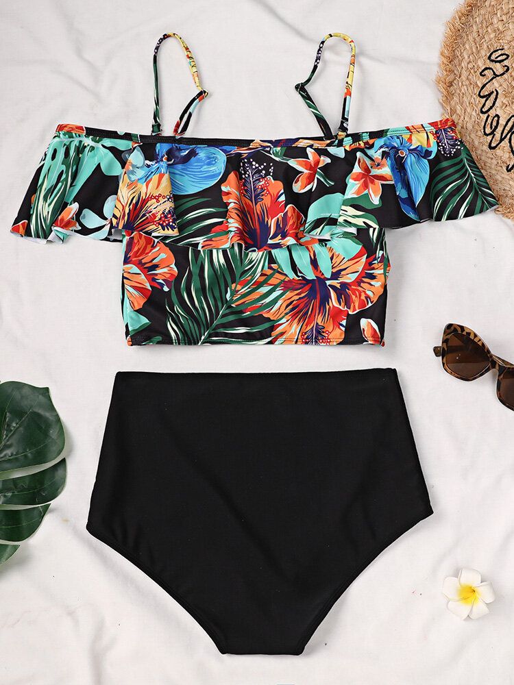 Tropical Plant Print Ruffle Spaghetti Straps Bikinis Taille Haute Femme Maillot De Bain