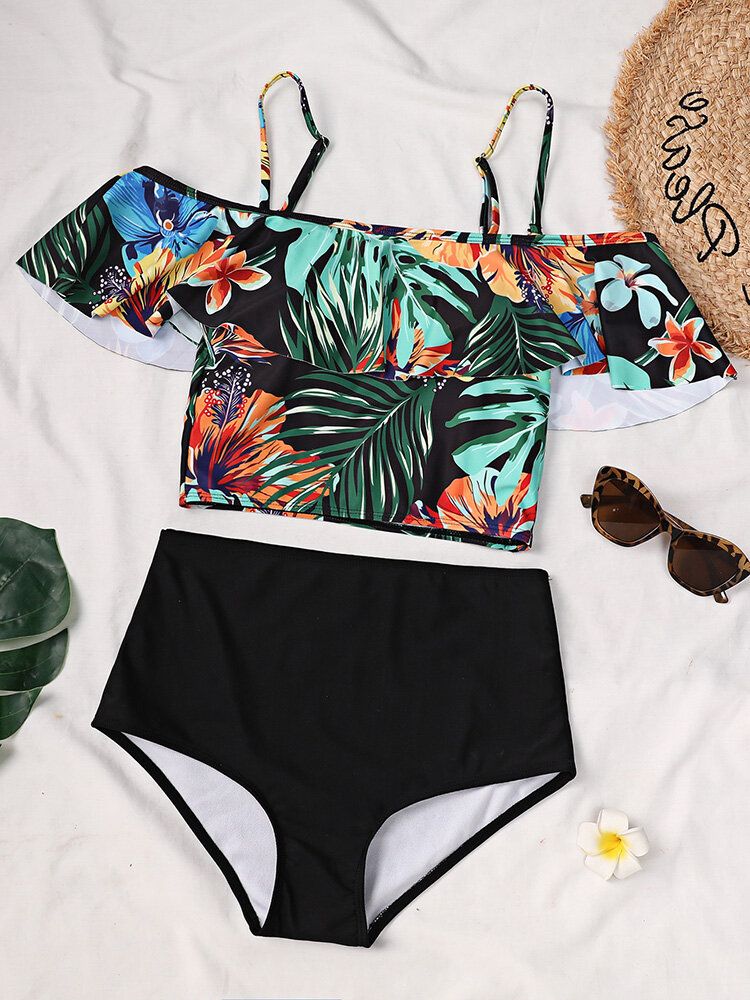 Tropical Plant Print Ruffle Spaghetti Straps Bikinis Taille Haute Femme Maillot De Bain