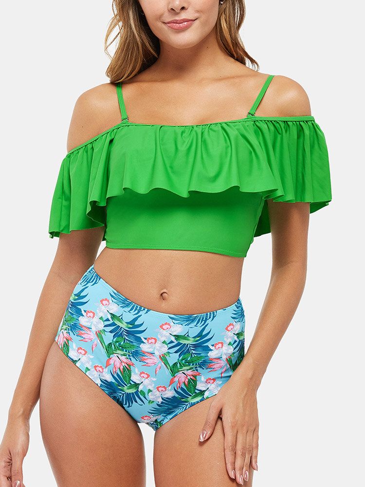 Tropical Plant Print Ruffles High Waist Bikini Hawaii Casual Maillot De Bain Pour Femme