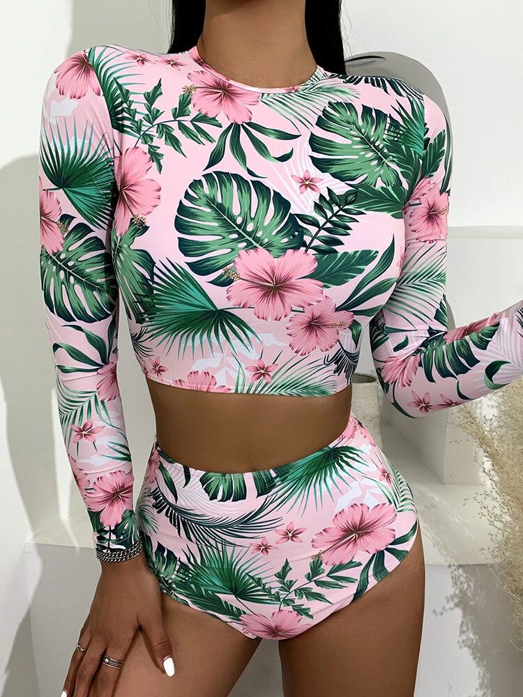 Tropical Plant Print Zip Back Sleeve Long Waisted Bikinis Women Beach Maillot De Bain