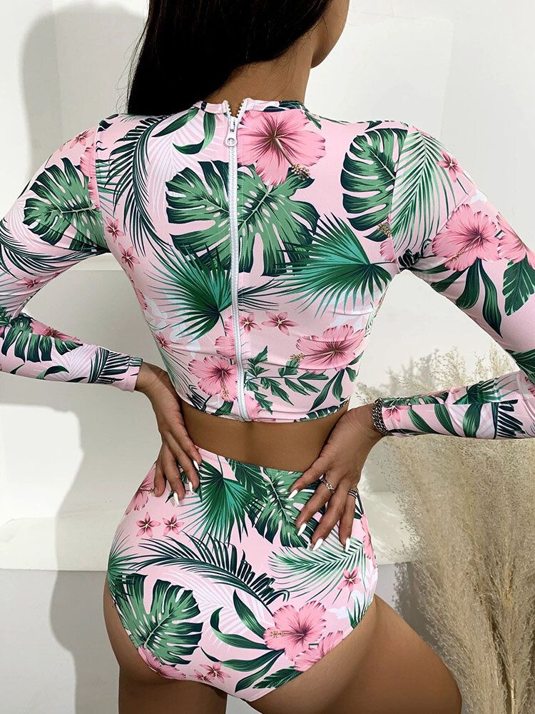 Tropical Plant Print Zip Back Sleeve Long Waisted Bikinis Women Beach Maillot De Bain