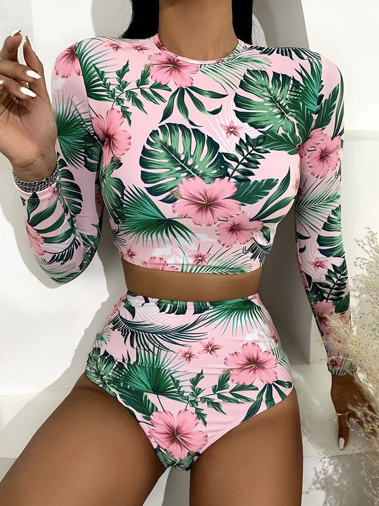 Tropical Plant Print Zip Back Sleeve Long Waisted Bikinis Women Beach Maillot De Bain