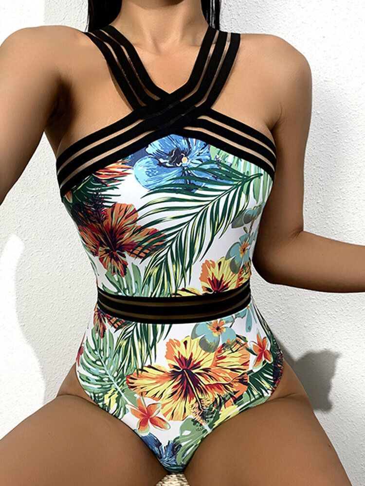 Tropical Plants Print Striped Mesh Minceur One Piece Femme Hawaii Maillot De Bain