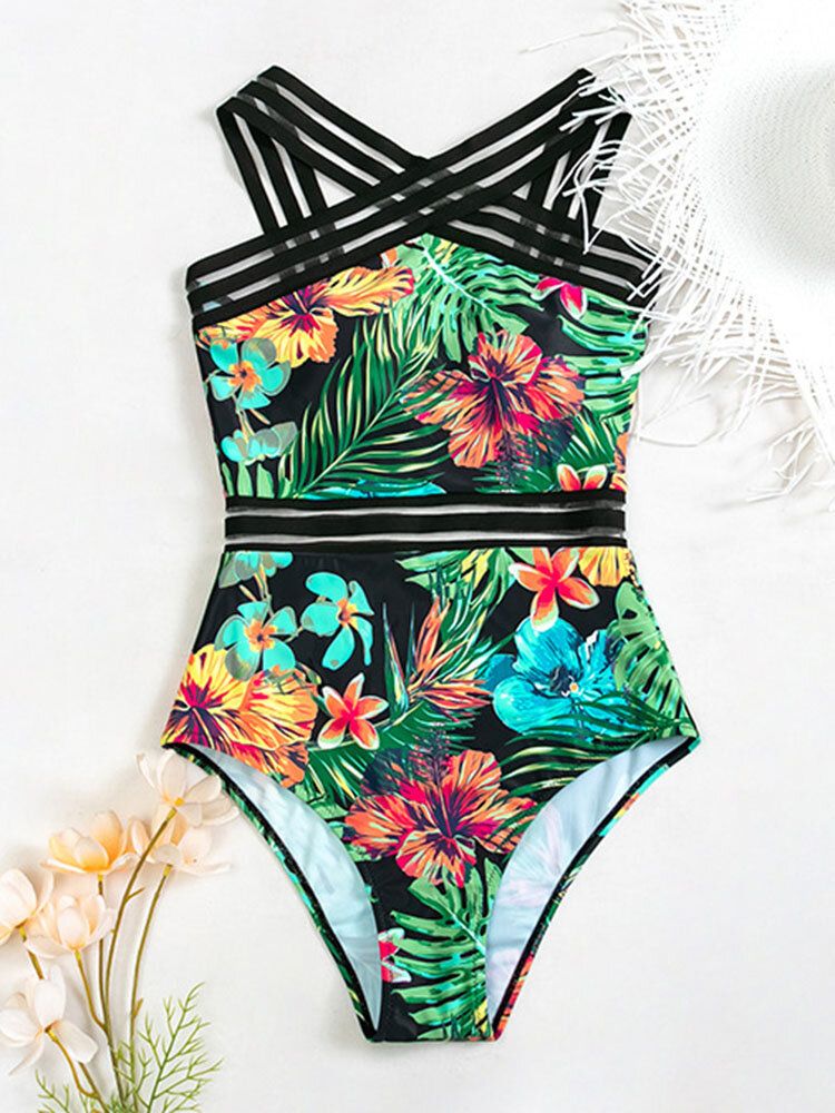 Tropical Plants Print Striped Mesh Minceur One Piece Femme Hawaii Maillot De Bain