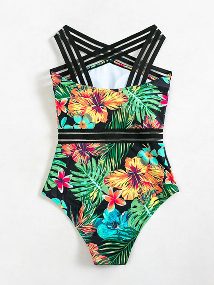 Tropical Plants Print Striped Mesh Minceur One Piece Femme Hawaii Maillot De Bain