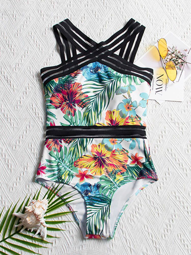 Tropical Plants Print Striped Mesh Minceur One Piece Femme Hawaii Maillot De Bain