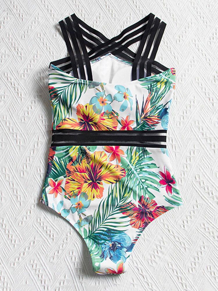 Tropical Plants Print Striped Mesh Minceur One Piece Femme Hawaii Maillot De Bain