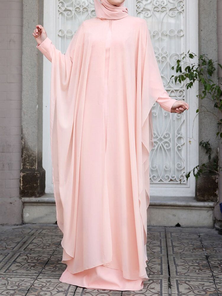 Tunique Caftan Femme Deux Pièces Détachable À L'extérieur Chauve-souris Robe Longue À Manches Longues