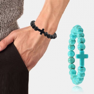 Turquoise Cross Beads Bracelets Corde Élastique Yoga Perles Pierre Naturelle Unisexe Bracelets