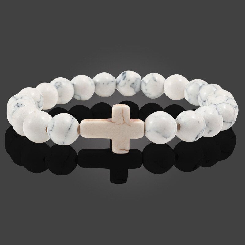 Turquoise Cross Beads Bracelets Corde Élastique Yoga Perles Pierre Naturelle Unisexe Bracelets