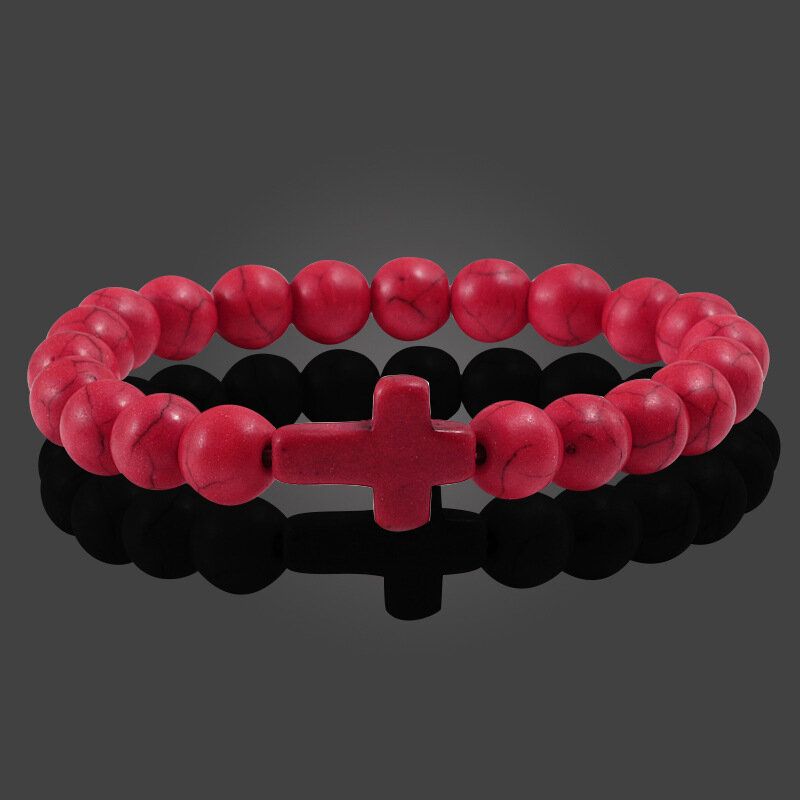 Turquoise Cross Beads Bracelets Corde Élastique Yoga Perles Pierre Naturelle Unisexe Bracelets