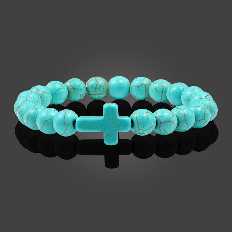 Turquoise Cross Beads Bracelets Corde Élastique Yoga Perles Pierre Naturelle Unisexe Bracelets