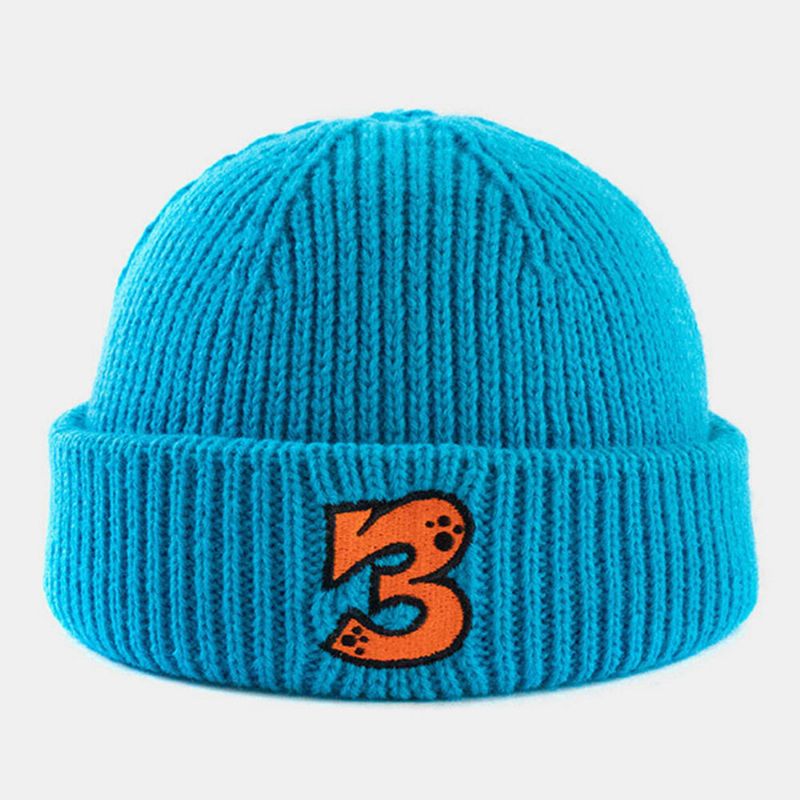 Unisexe Acrylique Tricoté Couleur Unie Dessin Animé Numéro Broderie Chaleur Sans Bord Bonnet Propriétaire Casquette Tête De Mort