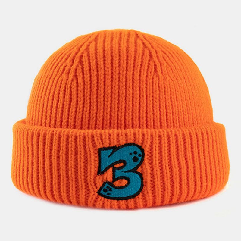 Unisexe Acrylique Tricoté Couleur Unie Dessin Animé Numéro Broderie Chaleur Sans Bord Bonnet Propriétaire Casquette Tête De Mort