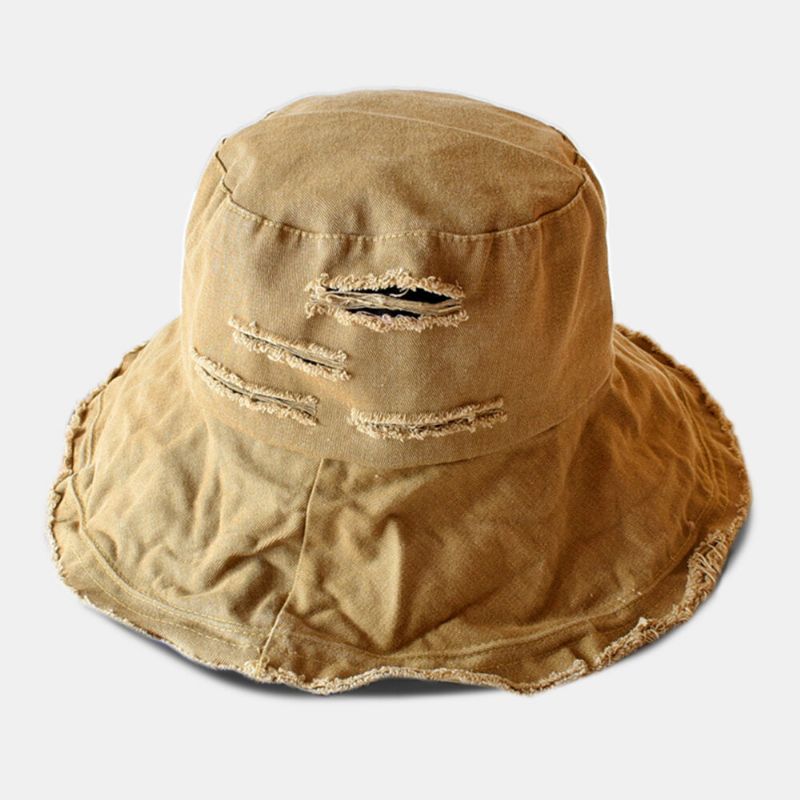 Unisexe Broken Hole Big Brim Bucket Hat Outdoor Suncreen Beach Hat