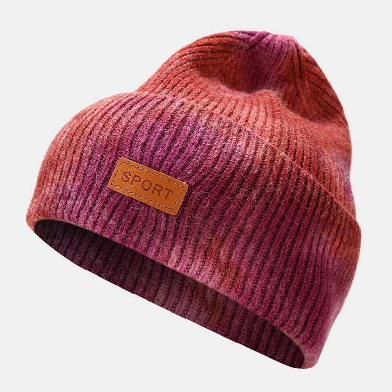 Unisexe Core-spun Fil Élastique Tricoté Tie-dye Chapeau Mode Casual Lettre Étiquette Automne Hiver Chaleur Sans Bord Bonnet Chapeau Propriétaire Cap