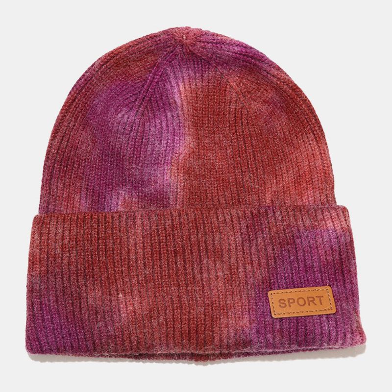 Unisexe Core-spun Fil Élastique Tricoté Tie-dye Chapeau Mode Casual Lettre Étiquette Automne Hiver Chaleur Sans Bord Bonnet Chapeau Propriétaire Cap