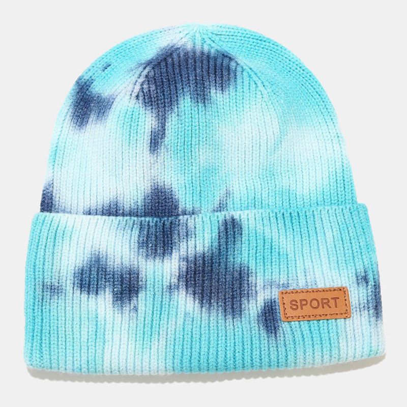 Unisexe Core-spun Fil Élastique Tricoté Tie-dye Chapeau Mode Casual Lettre Étiquette Automne Hiver Chaleur Sans Bord Bonnet Chapeau Propriétaire Cap