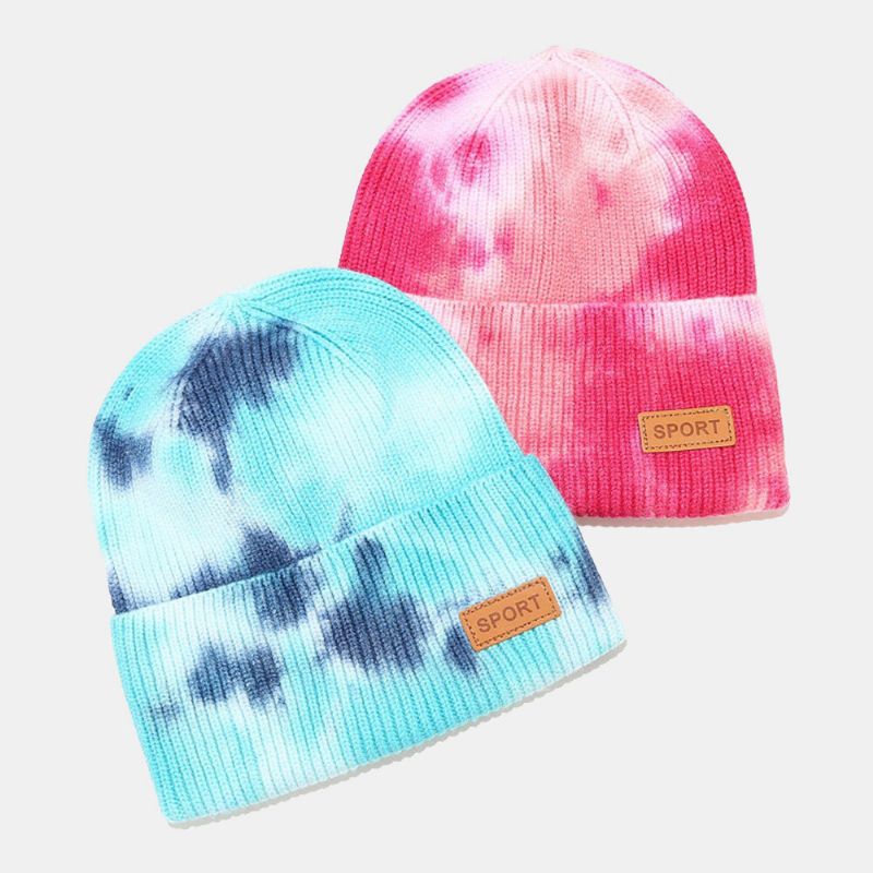 Unisexe Core-spun Fil Élastique Tricoté Tie-dye Chapeau Mode Casual Lettre Étiquette Automne Hiver Chaleur Sans Bord Bonnet Chapeau Propriétaire Cap