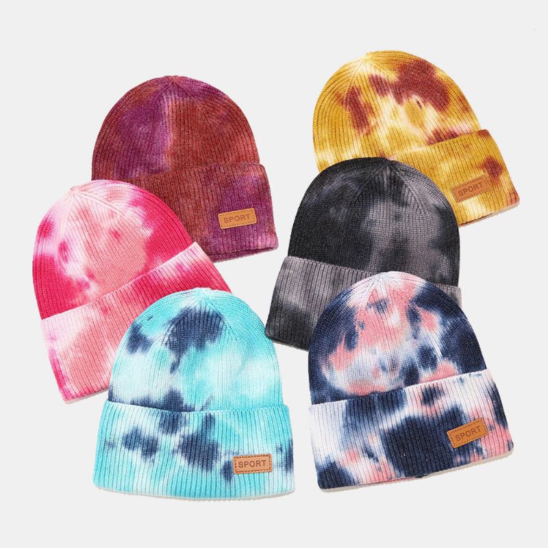 Unisexe Core-spun Fil Élastique Tricoté Tie-dye Chapeau Mode Casual Lettre Étiquette Automne Hiver Chaleur Sans Bord Bonnet Chapeau Propriétaire Cap