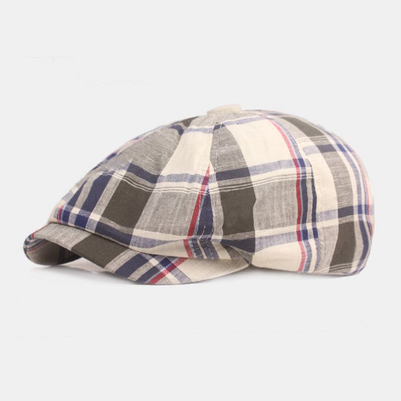 Unisexe Coton Béret Casquette Motif À Carreaux Décontracté Rétro Parasol Gavroche Chapeau Avant Casquette Octogonale Chapeau