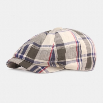 Unisexe Coton Béret Casquette Motif À Carreaux Décontracté Rétro Parasol Gavroche Chapeau Avant Casquette Octogonale Chapeau