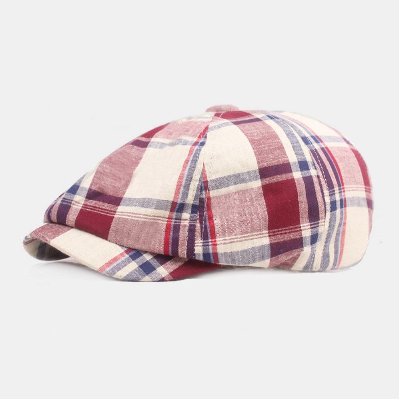 Unisexe Coton Béret Casquette Motif À Carreaux Décontracté Rétro Parasol Gavroche Chapeau Avant Casquette Octogonale Chapeau