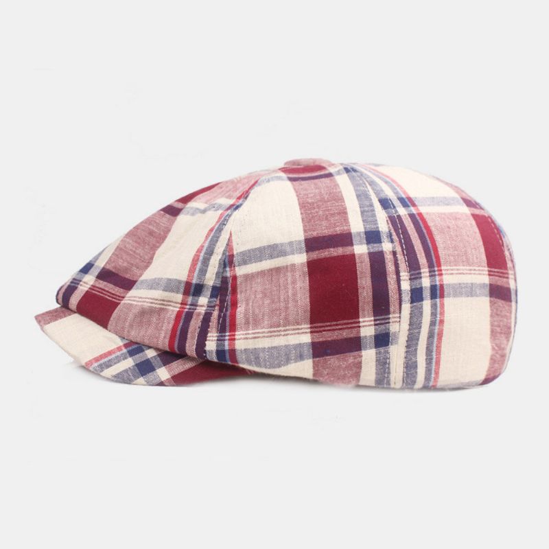 Unisexe Coton Béret Casquette Motif À Carreaux Décontracté Rétro Parasol Gavroche Chapeau Avant Casquette Octogonale Chapeau