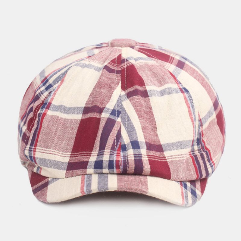 Unisexe Coton Béret Casquette Motif À Carreaux Décontracté Rétro Parasol Gavroche Chapeau Avant Casquette Octogonale Chapeau