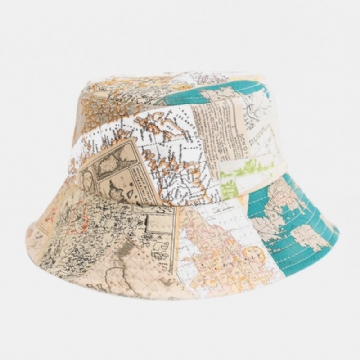 Unisexe Coton Carte Du Monde Motif Extérieur Décontracté Parasol Chapeau Seau Chapeau Envoyer Corde Coupe-vent