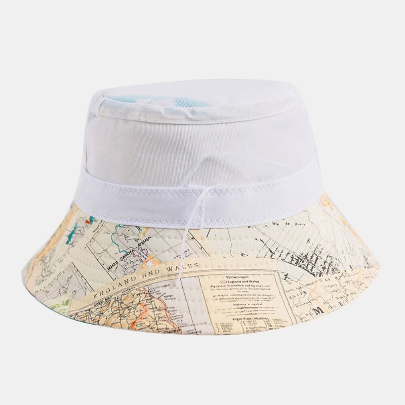 Unisexe Coton Carte Du Monde Motif Extérieur Décontracté Parasol Chapeau Seau Chapeau Envoyer Corde Coupe-vent