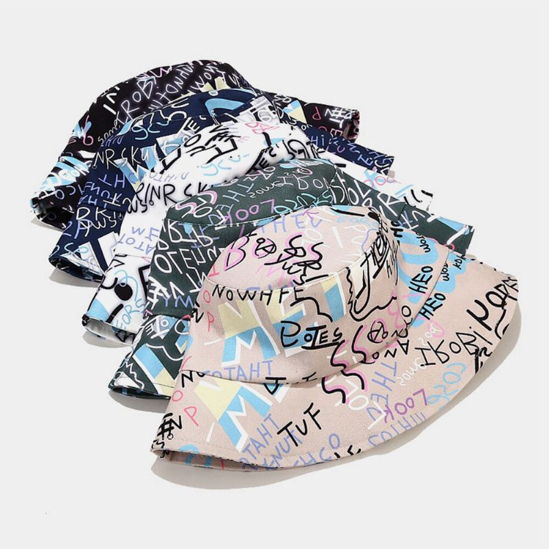 Unisexe Coton Lettres Graffiti Motif Impression Mode Solaire Chapeau Seau