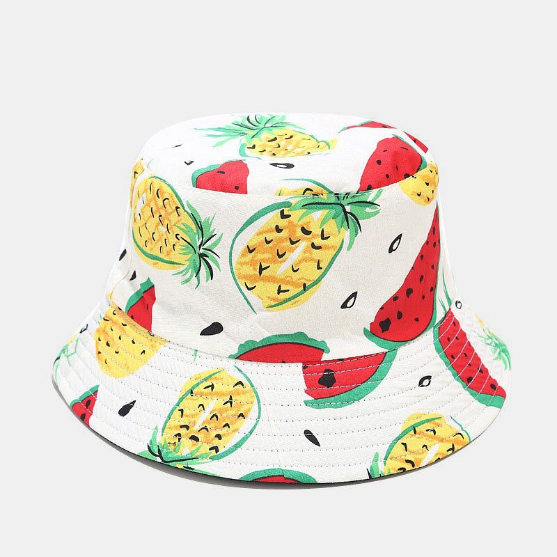 Unisexe Coton Motif Fruits Pastèque Ananas Imprimé Double Face Portable Mode Seau Chapeau