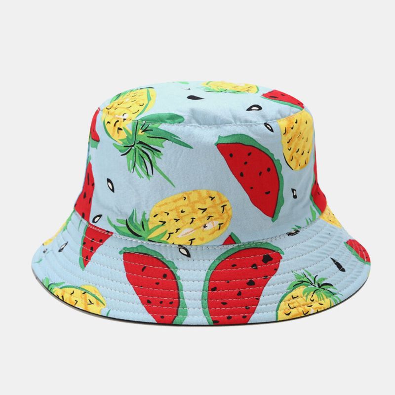 Unisexe Coton Motif Fruits Pastèque Ananas Imprimé Double Face Portable Mode Seau Chapeau