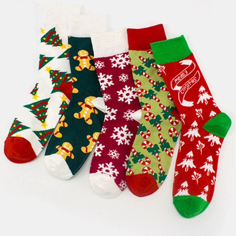 Unisexe Coton Personnalité Festive Arbre De Noël Flocon De Neige Motif Couple Chaussettes Tube Chaussettes